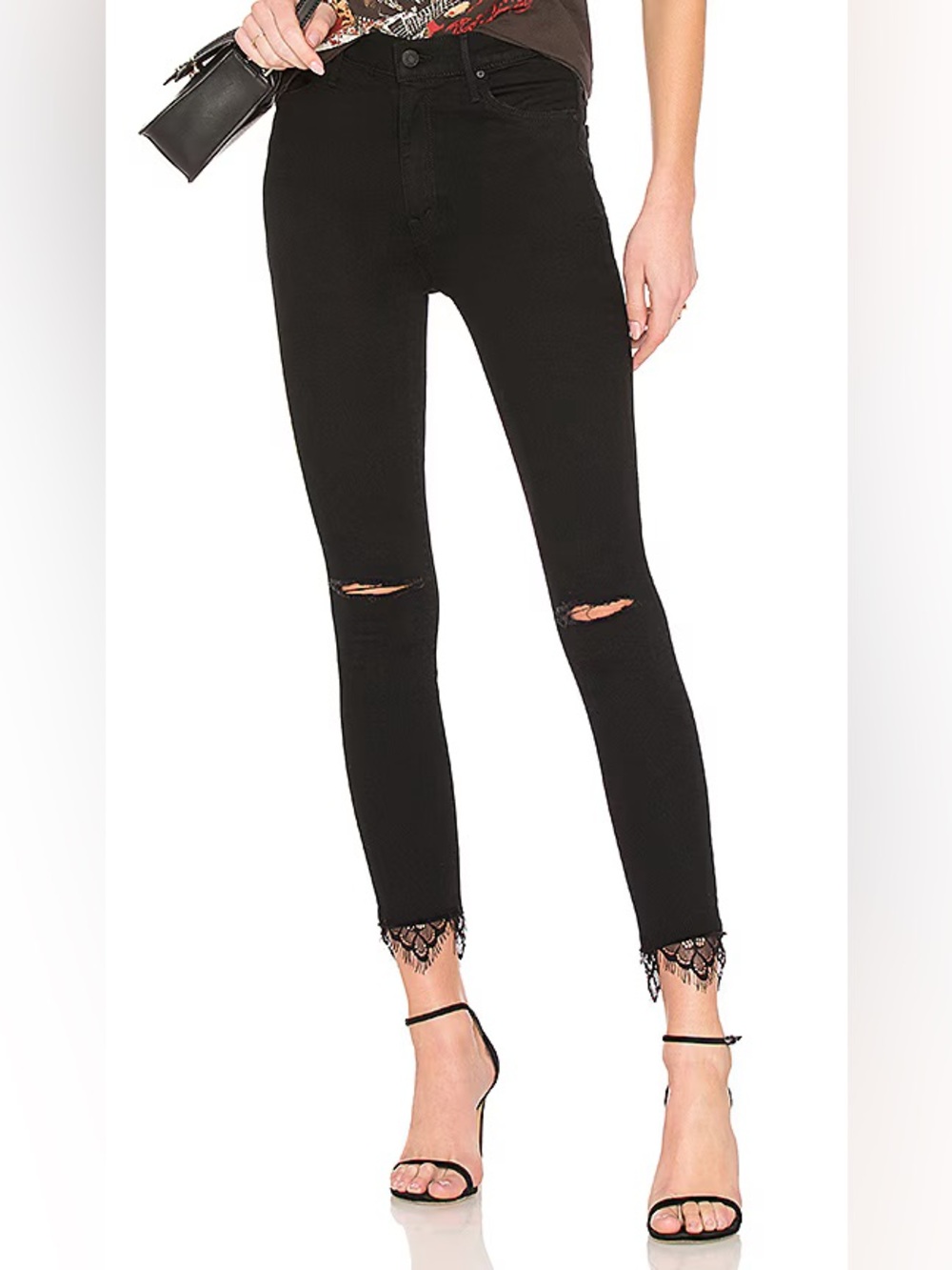 MOTHER The Swooner Dagger Ankle Fray in Baa Baa Black Sheep Lace Trim Jeans